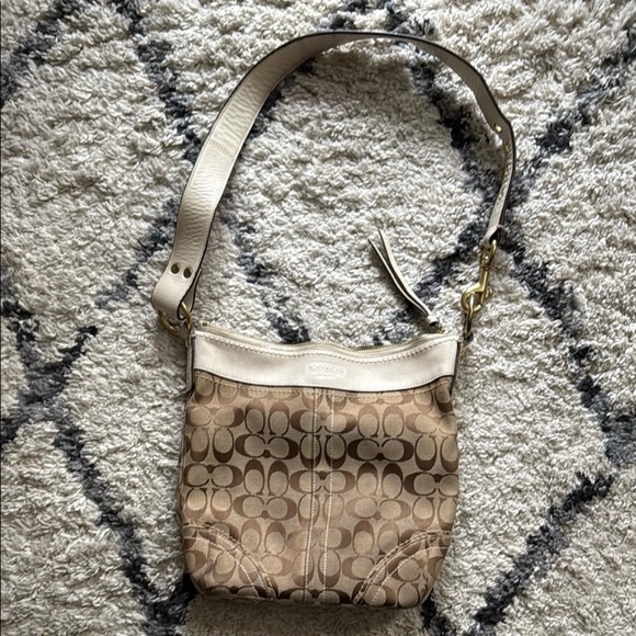 Coach Handbags - Coach Tan and Brown Signature C Tote Crossbody Bag with White Leather Strap
